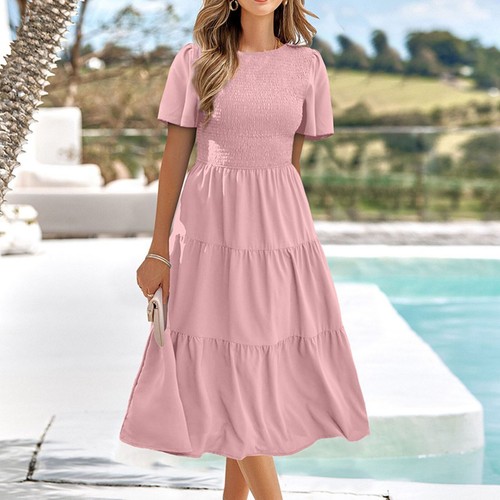 Women Summer Flutter Short Sleeve V Neck Smocked Elastic Waist Casual Midi Dress - Bild 13 von 33