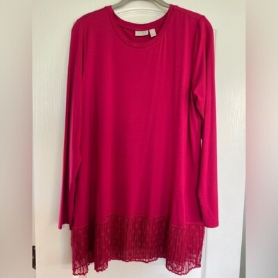 LOGO by Lori Goldstein Rayon 230 Top with Broomstick Mesh Hem Red Women's medium