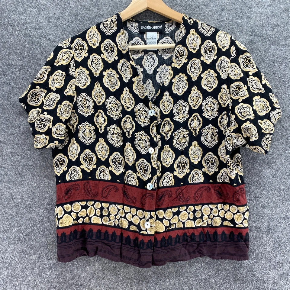 Top Sag Harbor para mujer M mediano negro geométrico con botones cuello en V manga corta Foto 4 de 4