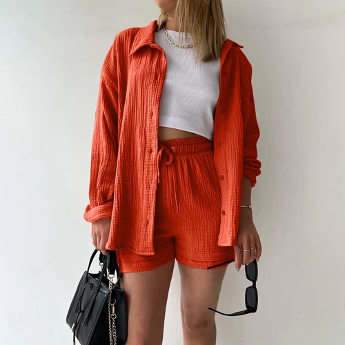 Sommer Damen Musselin Bluse Shirt und Shorts Kleidung Set Strand Outfit Zweiteiler - Bild 23 von 45