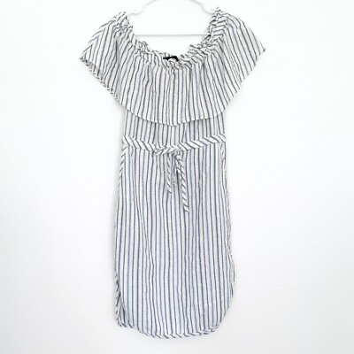 BCBGMAXAZRIA Dress Womens XS Alexis White Blue Stripe Off The Shoulder  Ruffle