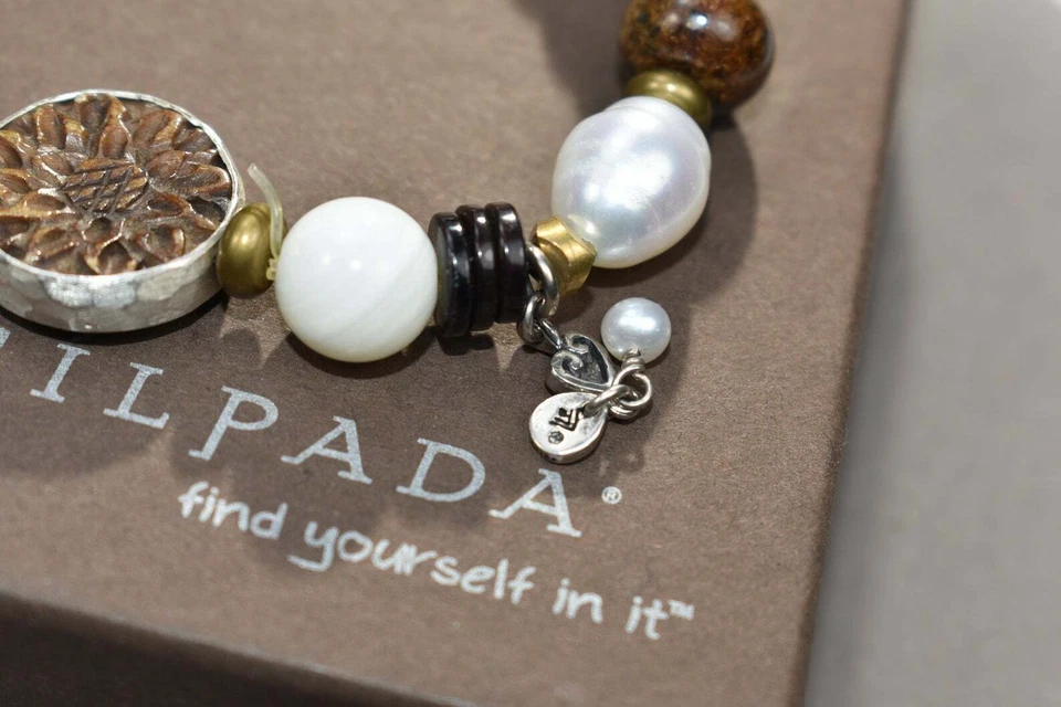 Pulsera elástica Silpada de plata de ley 925 con perlas de bronceita de madera B1989 Foto 3 de 4