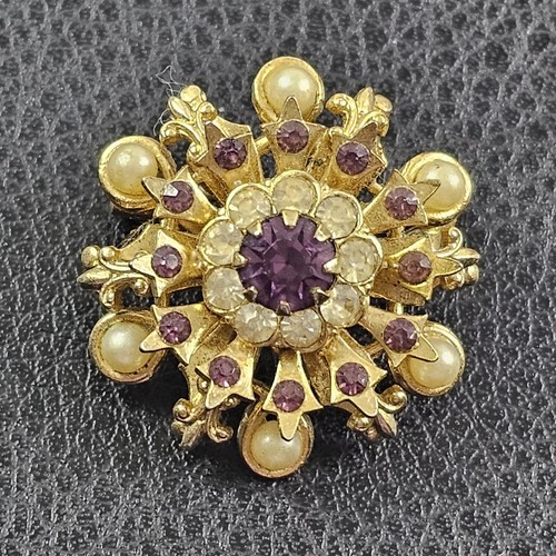 Vintage Coro Purple & Diamond Rhinestone W/Faux Pearls Starburst Brooch Pin - Picture 5 of 5