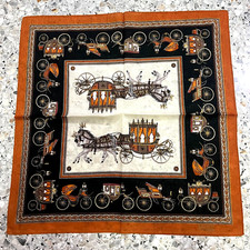 HANKY VINTAGE LADIES BLACK GOLD HORSE CARRIAGE ART POCKET SQUARE COTTON 19" W64