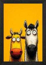 Cartoon Kuh und Pferd Duo gerahmtes Wandbild Poster Leinwanddruck Bild