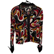 Hobby Horse Western Show Shirt Womens Large Black Red Zip Horse Rhinestone *