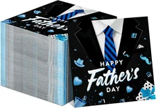 Teling 100 Pieces Happy Fathers Day Napkins 3 Ply Disposable Paper Blue Tie Cock