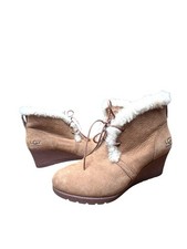 UGG JEOVANA CHESTNUT SUEDE WATERPROOF ANKLE WEDGE BOOTIES BOOTS SIZE 8.5 WOMENS