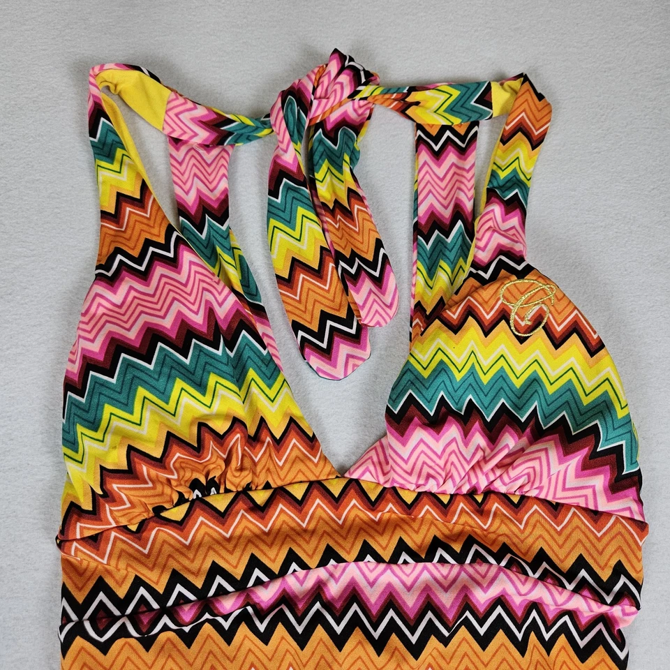 Coogi Y2K Beach Coverup Dress Womens S Chevron Colorful Mini Halter Padded Bra - Image 3 of 4