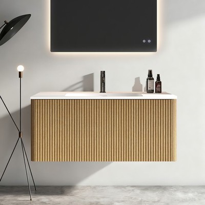 Etna 36''Striped Natural Oak Bathroom Vanity with White Artificial Stone Basin,