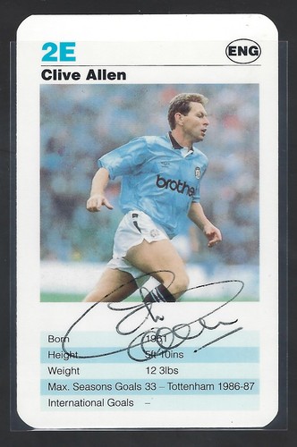 1992 TOP TRUMPS - CLIVE ALLEN - MAN CITY - HAND SIGNED TOP STRIKERS CARD