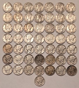 Roll Of 50 1940-1945 Silver Mercury Dimes 10C 90% Silver $5 Face Value Lot1