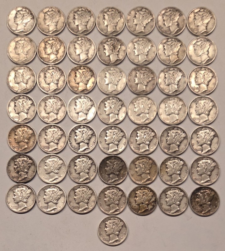 Roll Of 50 1940-1945 Silver Mercury Dimes 10C 90% Silver $5 Face Value Lot1