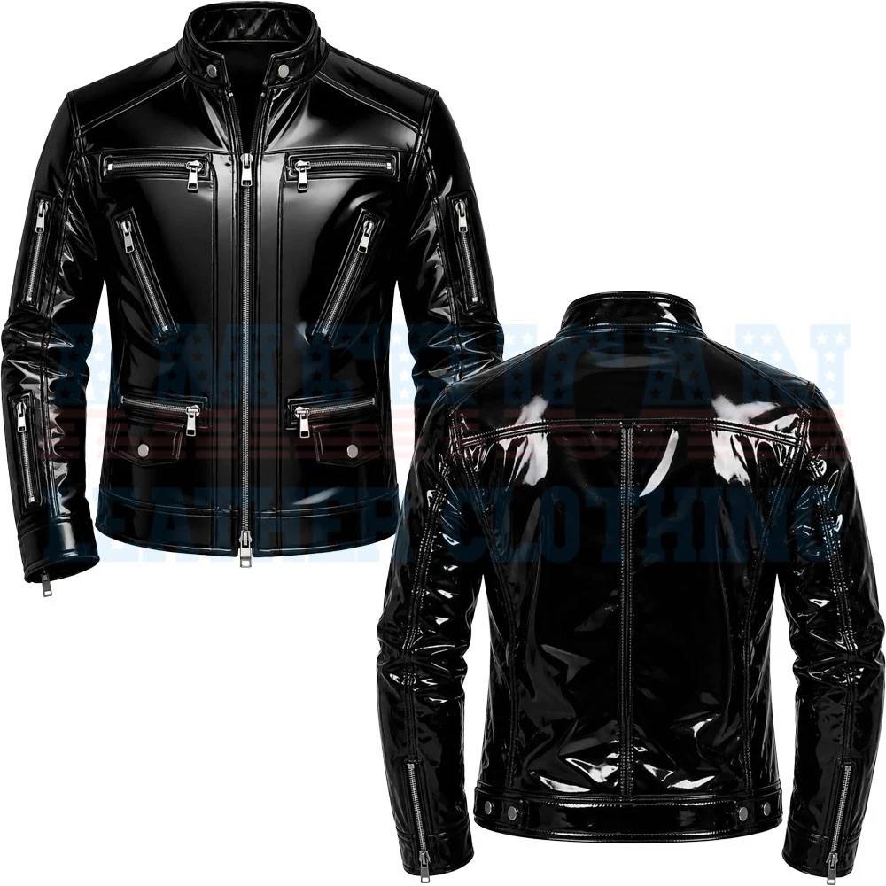 Handmade Black PVC Vinyl Leather Moto Biker Jacket Patent Wet Look Punk Coat