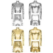 Womens Outfit Mock Neck Dancewear Dance Sets Musical Clubwear 2 Piece Metallic