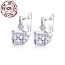 Lady 925 Sterling Silver Princess Cut Cubic Zirconia Square Huggie Hoop Earrings