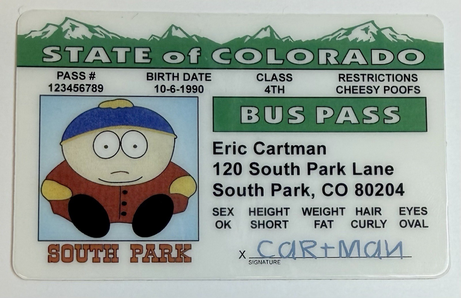 Eric Cartman - South Park - Bus Pass - Drivers License - Novelty