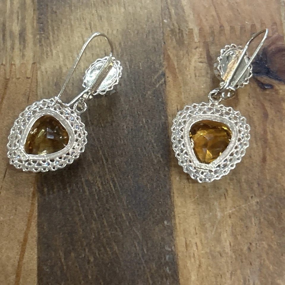 Pendientes colgantes antiguos de oro de 14k con corazón de perlas de topacio naranja 11,04 gramos Foto 4 de 4