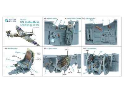 Quinta Studio 1/72 Spitfire Mk.Vb 3D Interior Cockpit Colored Decals (Eduard)
