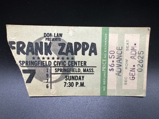 1976 FRANK ZAPPA CONCERT TICKET SPRINGFIELD CIVIC CENTER SPRINGFIELD MA NOV. 7
