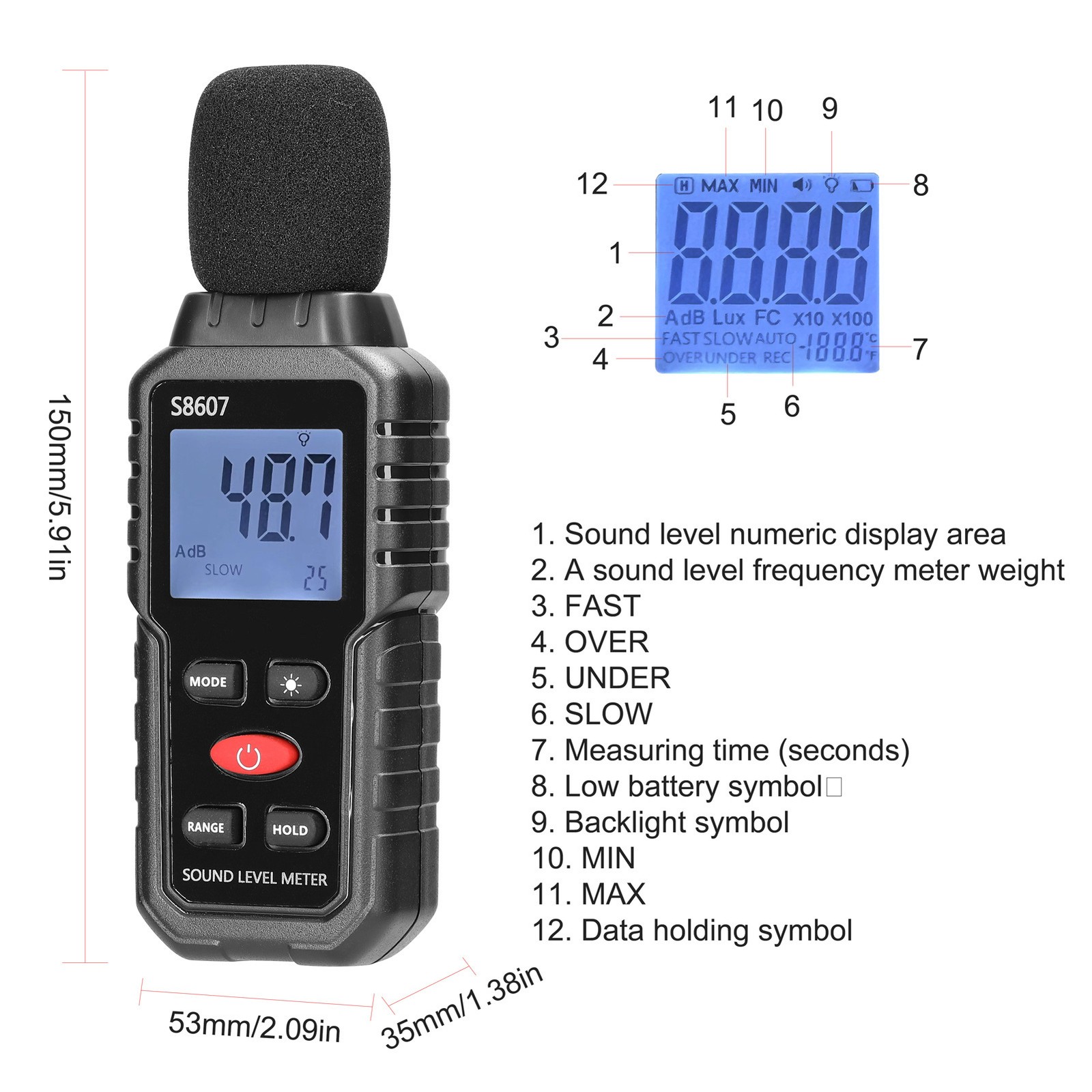 Decibel Meter S9607 Sound Level Meter with 2.25” Backlit LCD Screen | eBay