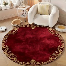 1pc Burgundy Red Golden Floral Round Mat Mat - Plush Soft Floor Mat with Golde