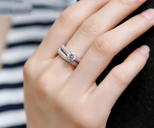 Set 2 PC Couple Luxury Diamond Ring Crystal Rings Halo Starry Engagement Wedding - Picture 4 of 5