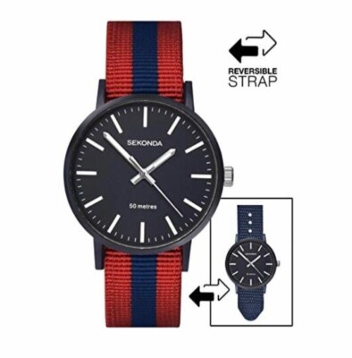 Herren Neu Sekonda Nylon Stoff Wendeband 50m Uhr 1582 UVP £59,99