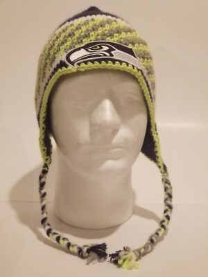 Seahawks Handmade Crochet Coned Ear Flap Hat With Strings
