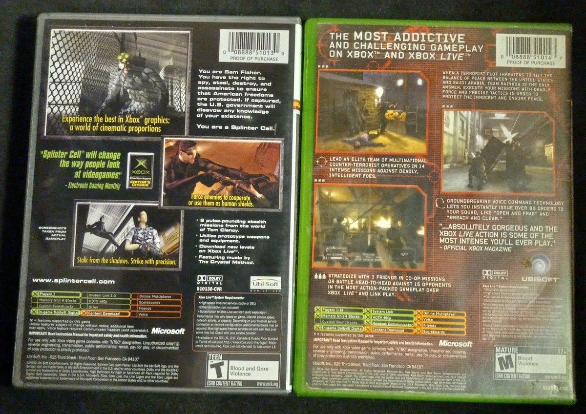 Tom Clancy'S Lot Of 2 Xbox Games: Splinter Cell Platinum Hits.