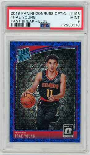 TRAE YOUNG 2018-19 Panini Donruss Optic Fast Break Blue Disco Rc #50/50 PSA 9