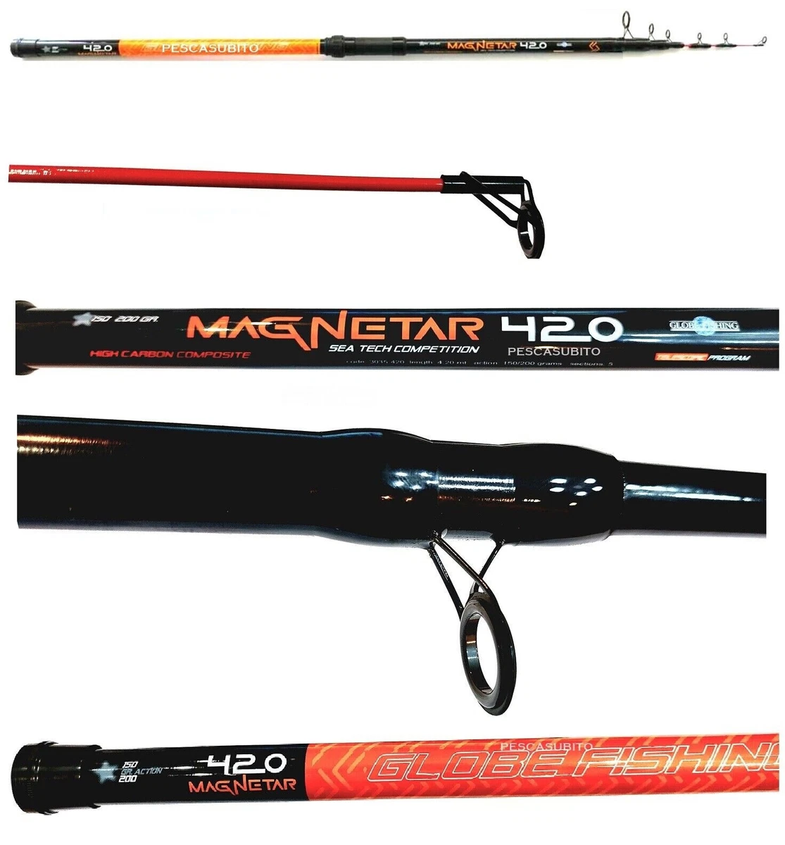 Canne à Pêche Carbone 4 Sections 410cm – Action Semi-parabolique, 130g, Neuve