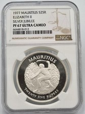 Mauritius 25 Rupees Silver Proof coin 1977 harvesting sugar cane NGC PF67 UCA