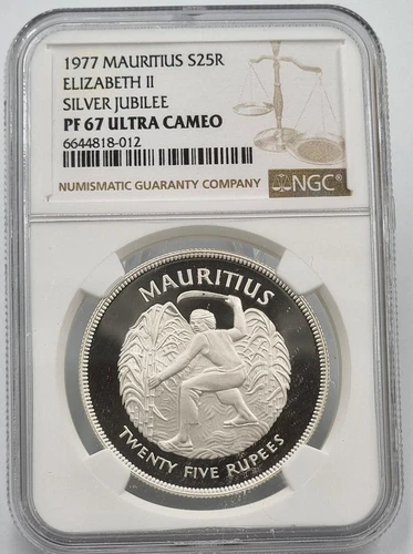 Mauritius 25 Rupees Silver Proof coin 1977 harvesting sugar cane NGC PF67 UCA