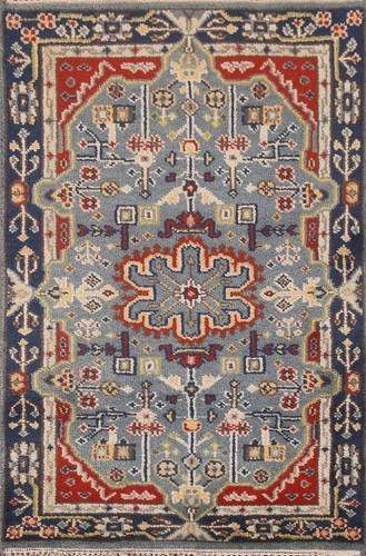 Traditional Heriz Serapi Blue Indian Rug 3x5 ft. Handmade Wool Foyer Carpet