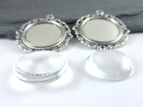 2 Sets Antique Silver Round Cabochon Base Settings & Glass Domes, Tray 20mm - Picture 3 of 4