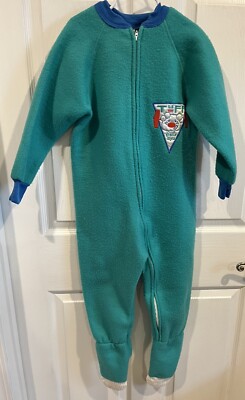 Vintage 70s Toddler Time Pajamas Childs Footed Sleeper T Fleece Green 