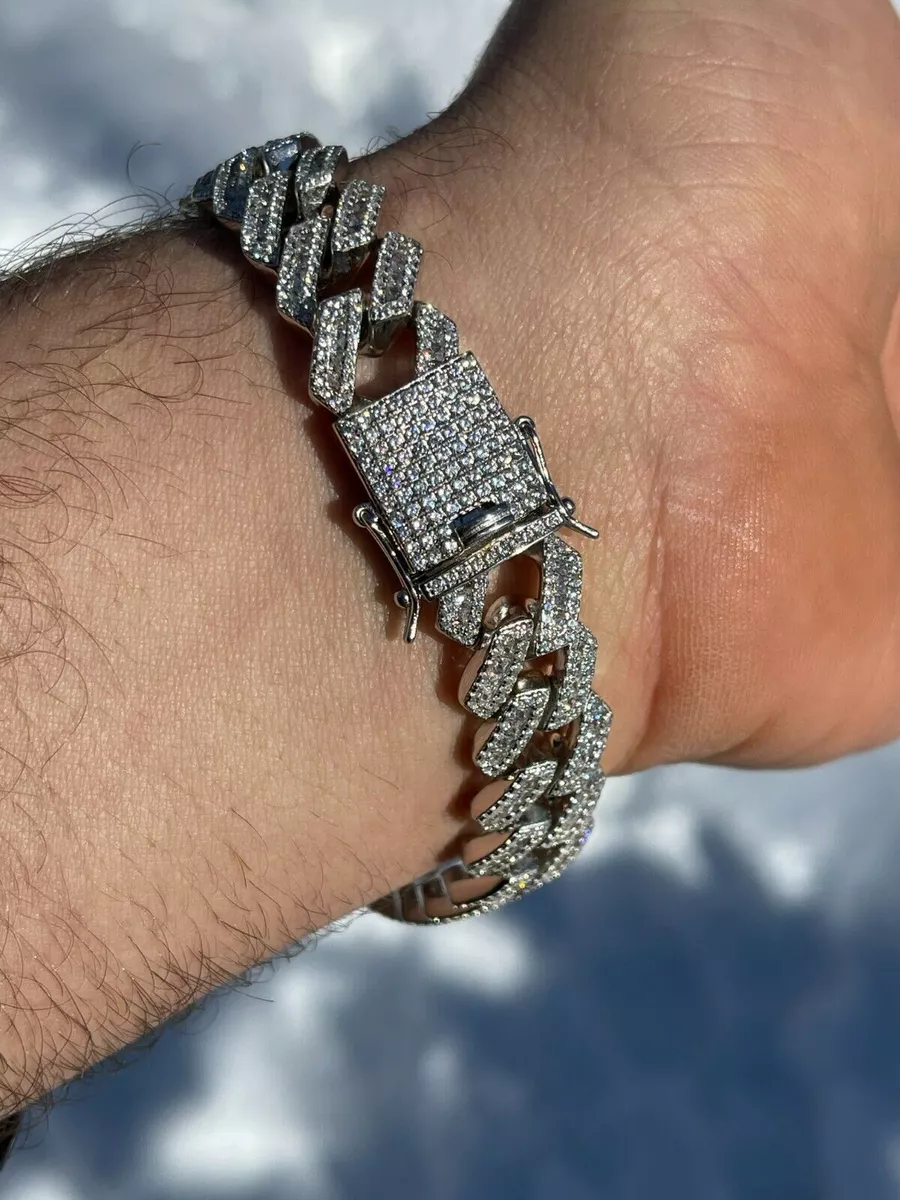 Real Solid 925 Silver Mens Miami Cuban Iced Gucci Link Bracelet Baguette CZ