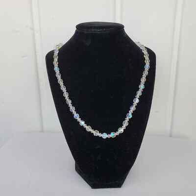 Vintage Crystal Necklace Single Strand Aurora Borealis Fish Hook Clasp