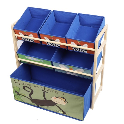 Wooden Kids Children Toy Storage Rack shelf with 6 Bags tidy Organizer Playroom - Picture 10 of 17