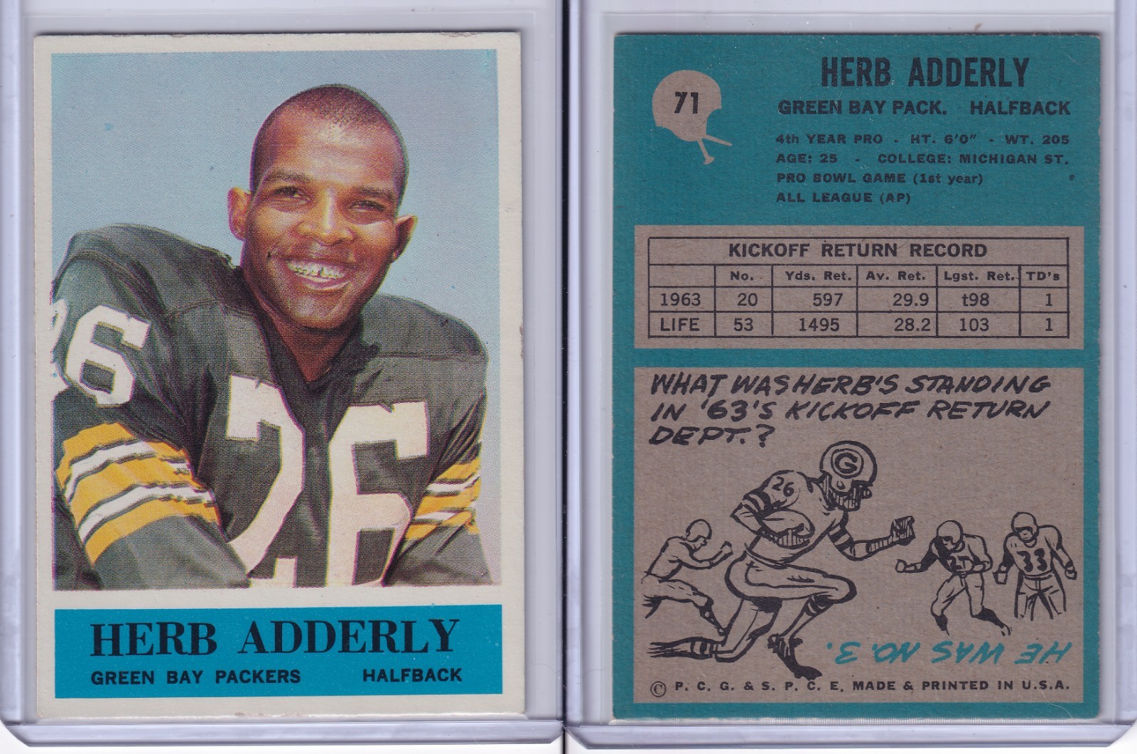 Herb Adderly #71 Football Cards 1964 Philadelphia trading card — raw and PSA graded price guide