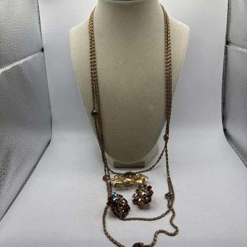 Goldtone Vtg Jewelry Set Goldette Necklace Brooks Pin Trifari AB Crystal Earring