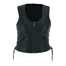 Women's Motorcycle Black Leather Vest Genuine Cowhide Leather Concealed Carry