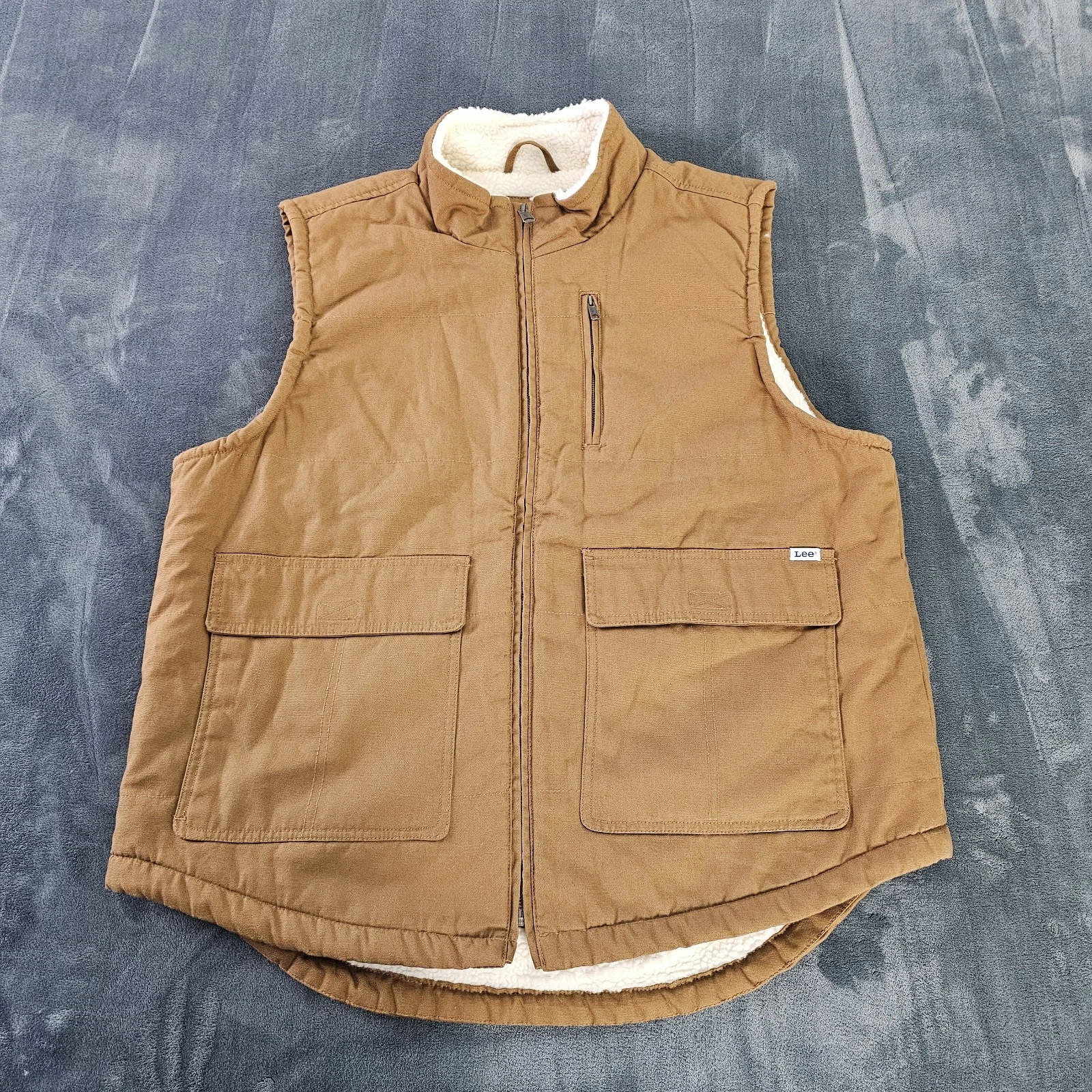 Lee Workwear Vest Men Size L Sherpa Lined Insulated Canvas Tan Full Zip EUC