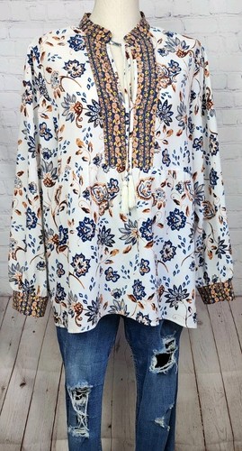 Dip Blouse Tunic Long Sleeve Cuffs Tassels Floral Peasant Boho Western Size L - Picture 15 of 18