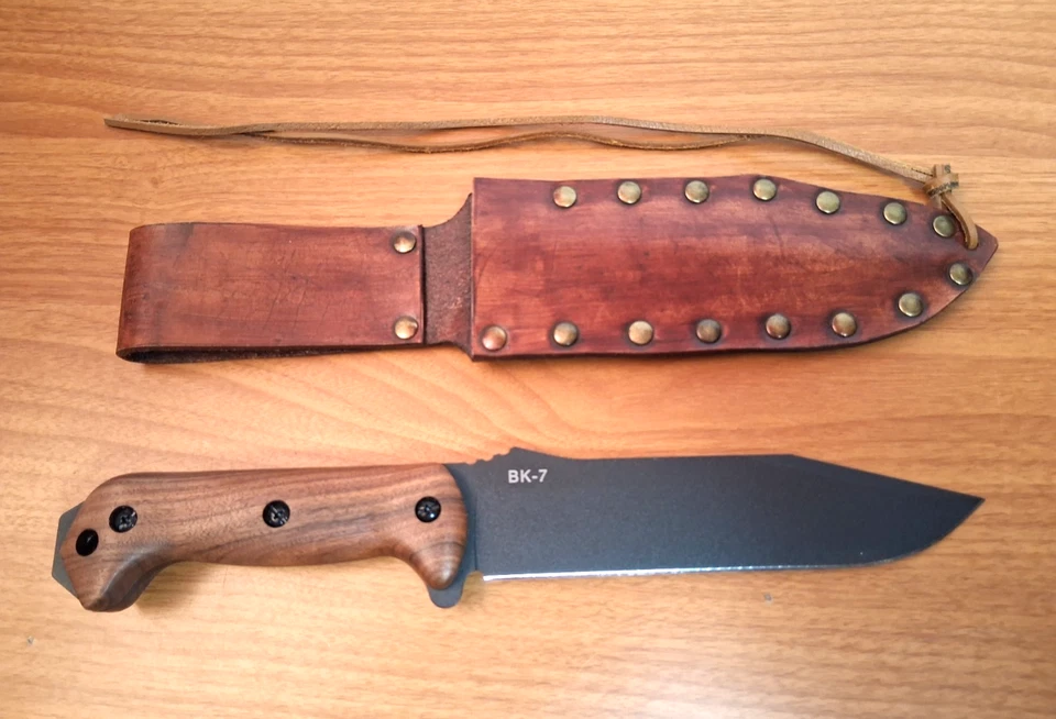 Cuchillo utilitario de combate KABAR BECKER BK7 funda de cuero personalizada mango de nogal EE. UU. Foto 2 de 4