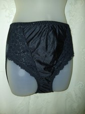 Vintage Vanity Fair Black Lace Shiny Nylon Satin Second Skin Hi-Cut Panties L