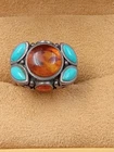 Designer Sterling Silver Ring w. Amber & Turquoise Setting: Size 5, 8 grams