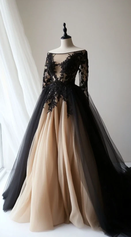 Gothic Champagne and Black Wedding Dresses Boat Neck Lace Applique Bridal Gowns - Image 2 of 4