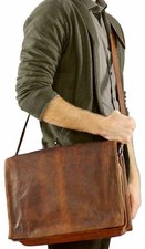 Handmade Goat Brown Leather Laptop Briefcase Men's Work Shoulder Bag New